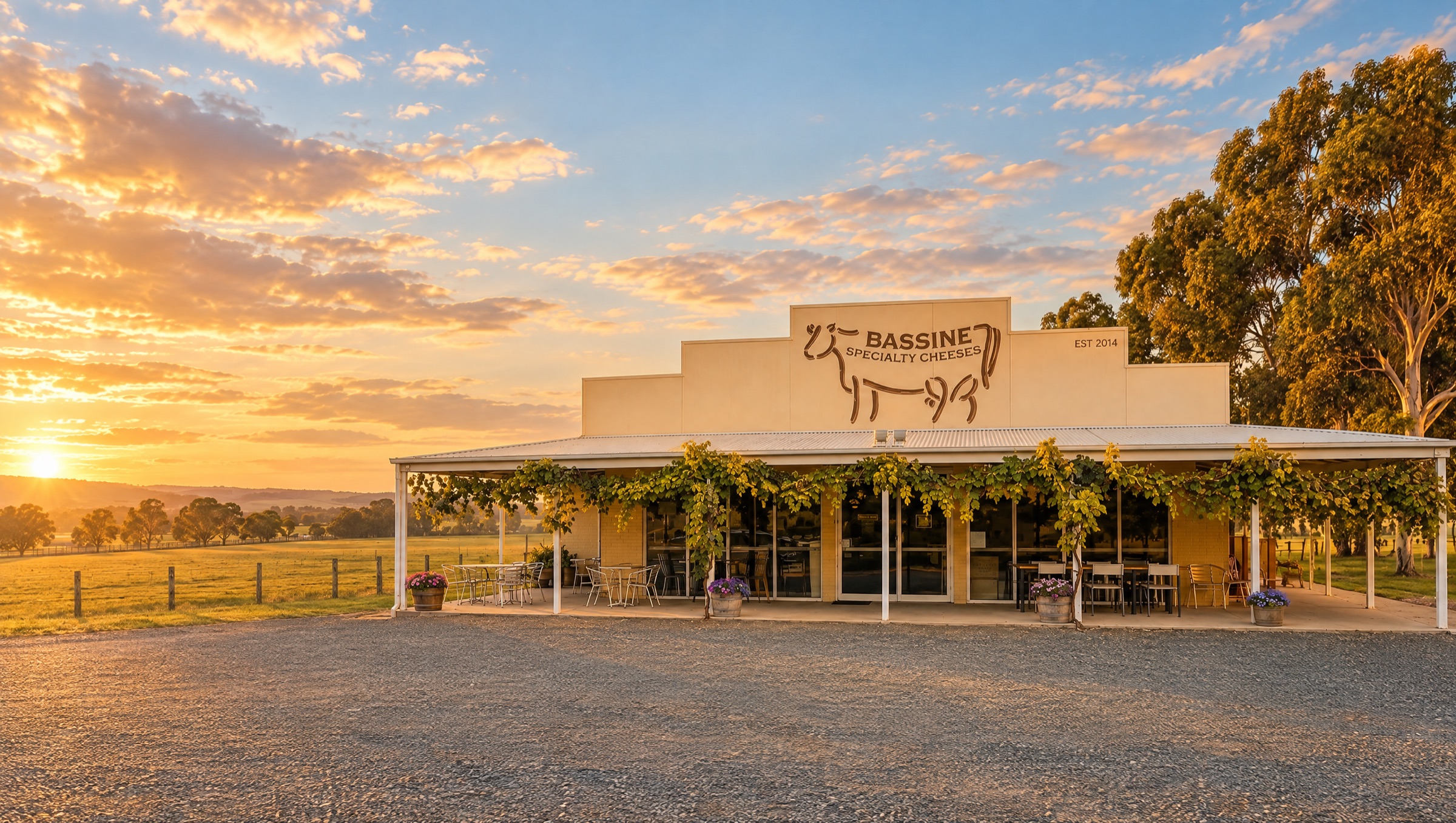 The Bassine farm café and shop at golden hour, Glen Forbes